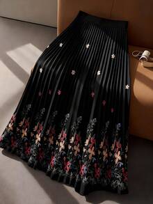 GlowEve CURVE Plus Size Floral Applique Pleated Elegant Skirt - Multicolor - View 2
