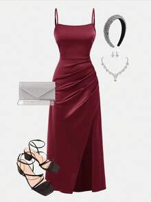 Pitira Pitira Vestido de dama de honor de satén con tirantes de espagueti, bajo plisado y abertura lateral para adolescentes y niñas, elegante vestido formal para baile de graduación, cena, Navidad, Día de San Valentín - Burdeos - Ver 7
