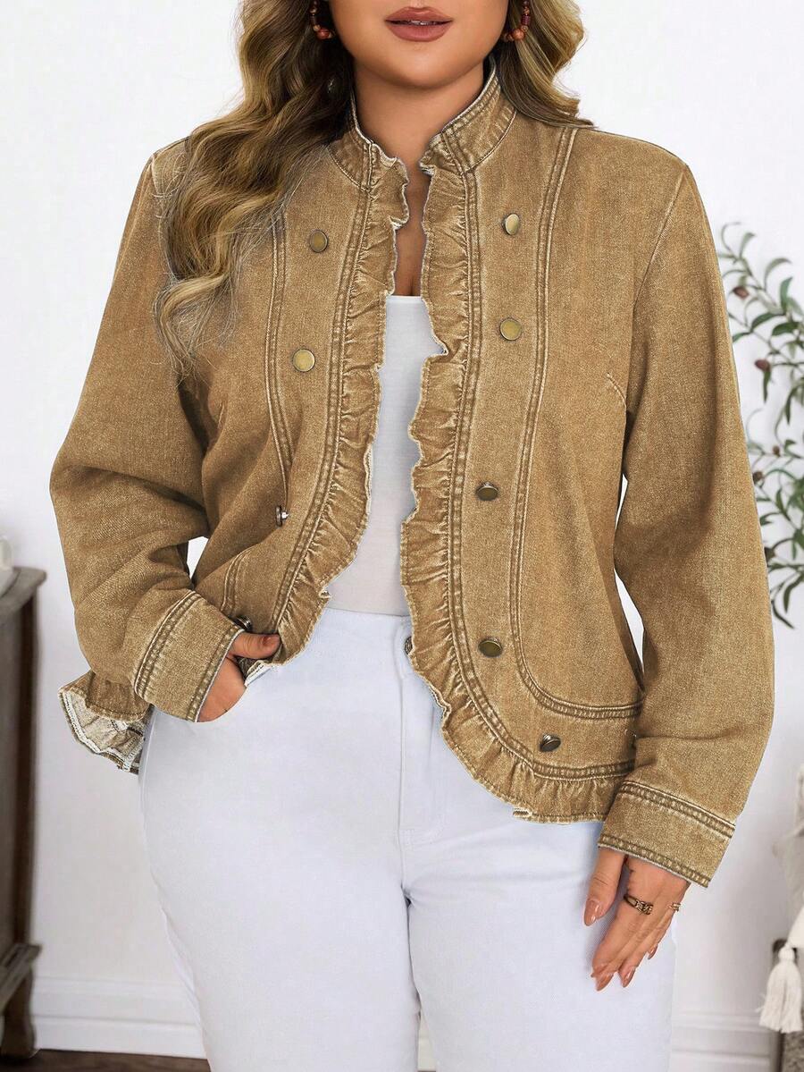 SHEIN Mature Denim 大码休闲度假水洗牛仔外套 - 卡其色 - 查看 1
