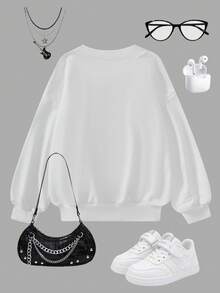 SHEIN Girls Casual Solid Color Knitted Fleece V-Neck Drop Shoulder Ribbed Hem Pullover Sweatshirt, Comfortable For Autumn/Winter - White - View 2