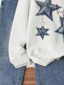 SHEIN Tween 女童星星印花圆领长袖休闲运动衫，秋冬 - 白色 - 查看 4