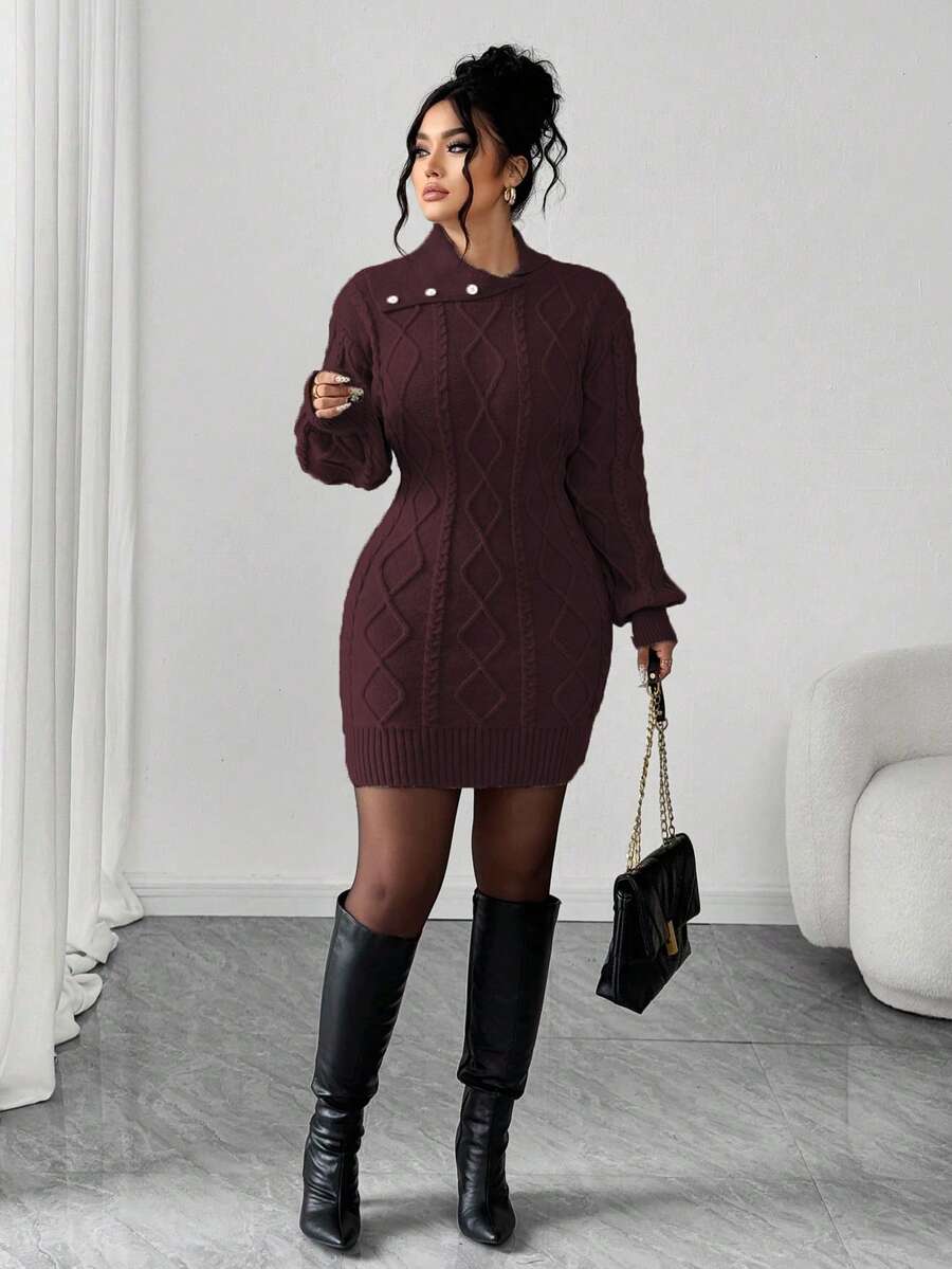 Elenzga 女士优雅时尚长袖宽松大码毛衣连衣裙,适合外出、婚礼宾客、秋冬季穿着。 - 酒紅色 - 查看 1