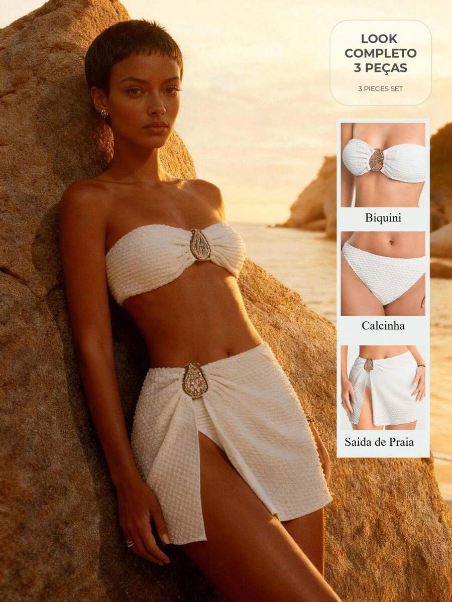 CAJUNI Bikini Set With Too, Bottom And Skirt - White - View 1