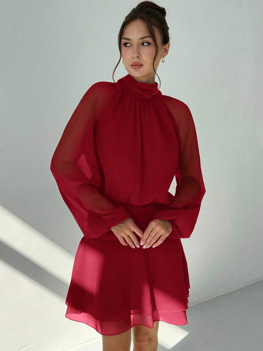 Aloruh Women's Elegant Commuter Solid Color Lantern Sleeve Mini Dress High Neck Dress - Burgundy - View 1