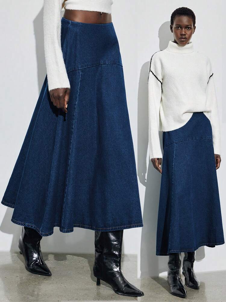 SHEIN Maija French-Style Elegant Denim Skirt, Autumn/Winter Skirt, Mid-Waisted A-Line Skirt,Elegant Winter