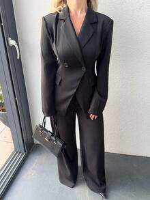 Jeta Ari Women's Basic Lapel NeckLong Sleeve Jacket And Pants Suit, Commuting & Daily Wear In Fall/Winter - Black - View 3