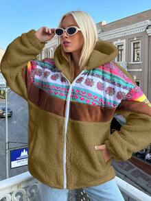 EURMUSE Ladies' Hooded Printed Plush Jacket - Camel - View 3