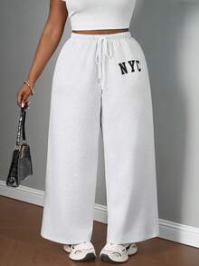 SHEIN PETITE CURVE Quần nỉ rộng rãi buộc dây phía trước đơn giản dành cho nữ cỡ lớn, mặc thường ngày - Xám - Xem 5