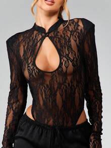 MISSGUIDED Long Sleeve Lace Keyhole Bodysuit With High Neck And Semi Sheer Design For Evening Occasions - Black - View 5