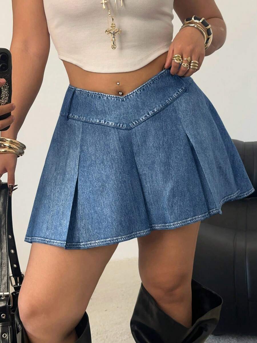 POPSWAY Falda plisada súper corta de efecto de mezclilla, elegante, vintage, casual y deportiva estilo Y2K para mujer de talla grande - Azul - Ver 1