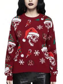 ROMWE Goth 深色骷髅与圣诞花环印花套头衫 - 紅色 - 查看 2