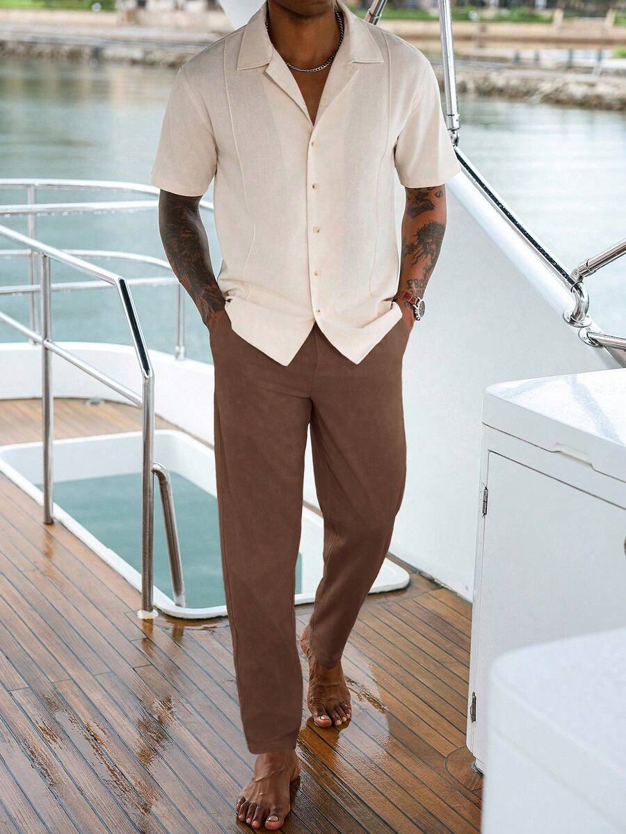 VENTUSAIL Bộ đồ thường ngày nam trơn màu, tay ngắn, cài khuy, áo sơ mi và quần tây - Nhiều màu - Xem 1