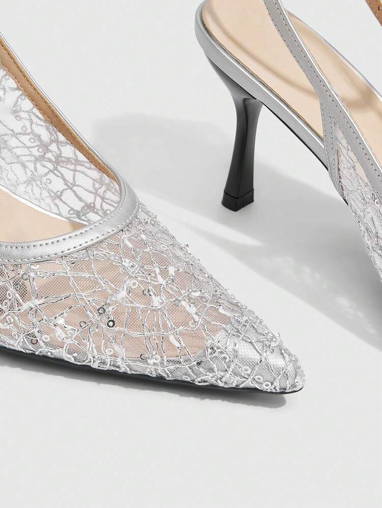 CUCCOO SZL Silver Stiletto Pointed Toe Shiny Sequined Mesh Fashionable Open Back High Heels For Women