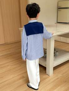 儿童/青少年男童休闲条纹领宽松长袖衬衫、直筒纯色长裤和针织披肩三件套 - 彩色 - 查看 3