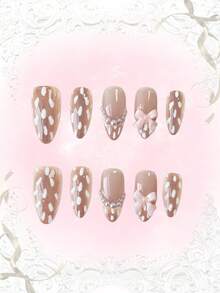 ROMWE Anime 10pcs Cute Bowknot Music Note Star Element High Quality Handmade False Nails + 3pcs Double-Sided Adhesive, Y2K French Style Rhinestone Chain Polka Dot Removable Nail Art Stickers, Suitable For Holidays, Parties, Dancing And Daily Wear - brown and pink - View 1