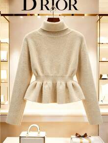 SHEIN Franclia New Autumn/Winter Gentle Elegant Commuting Cinched Waist Knitted Women Pullover Sweater Peplum Top Women Peplum Tops White Peplum Top Peplum Blouse Winter Clothes For Women Sweaters - Khaki - View 2