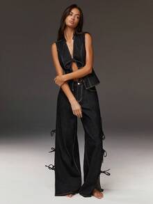 Athîral 女士休闲系带牛仔背心 - 黑色 - 查看 1