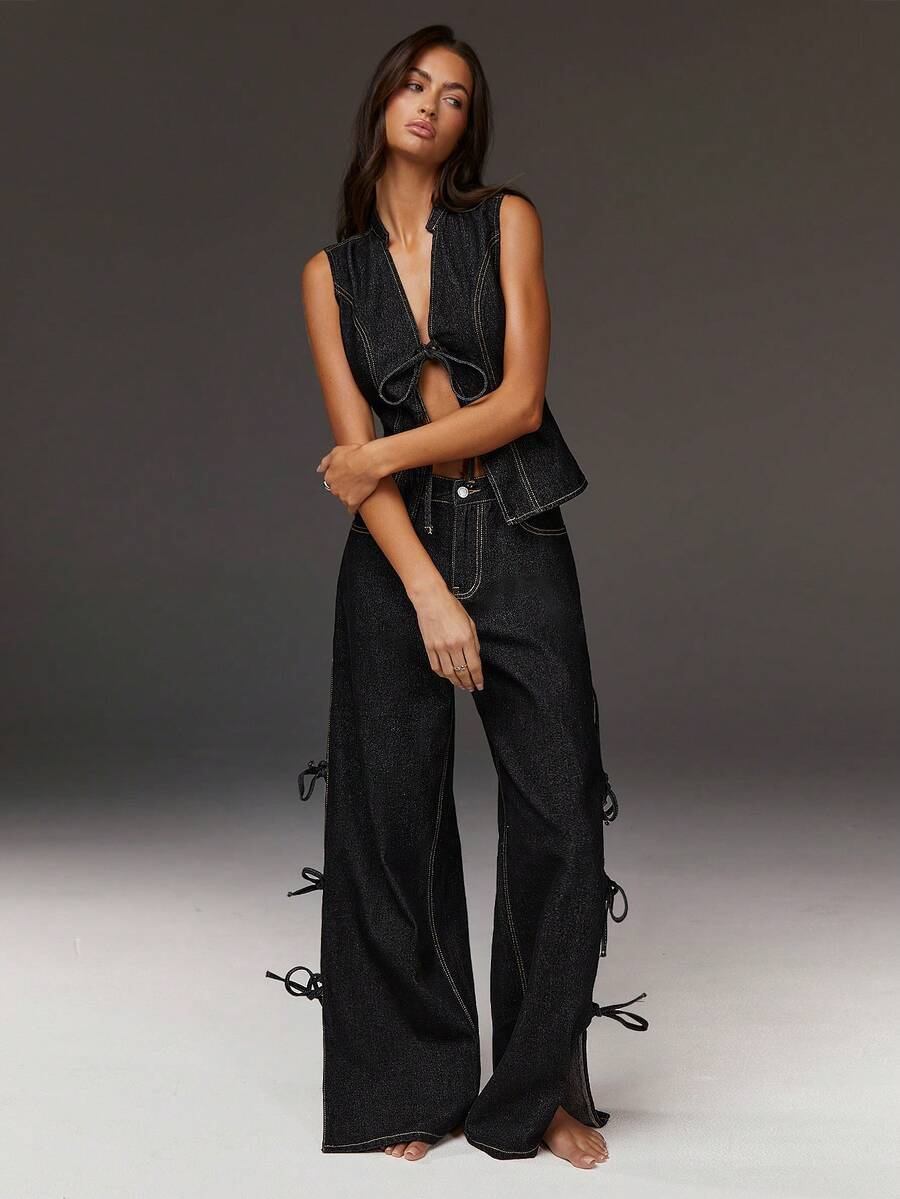 Athîral 女士休闲系带牛仔背心 - 黑色 - 查看 1