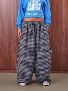 COUREZ Low Rise Baggy Balloon Trousers In Flannel Check /Y2K Going Out Outfits  Women Clothes  Clothes Spring Clothes Back To School Wide Leg Pants - Multicolor - View 2