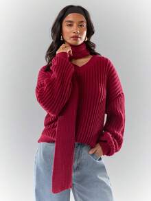 Glamine Damski sweter w jednolitym kolorze z dekoltem w serek i długim rękawem, na co dzień, jesień/zima - Burgund - Zobacz 7