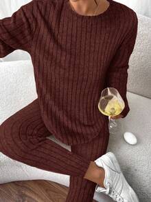 SHEIN Frenchy Drop Shoulder Ribbed Knit Tee & Leggings Textured Fabric Two Pieces Spring Casual - Redwood - View 4