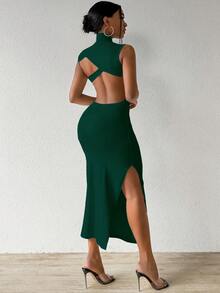 VaVaBold 纯色露背立领侧开衩修身连衣裙，夏季女士长款套装 - 墨綠色 - 查看 3