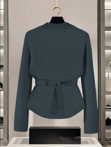 GlowEve Women's Blue Sweater, New Autumn/Winter Metal Button Asymmetrical Closure Cardigan, Versatile & Minimalist Design For Commuting - Dusty Blue - View 2