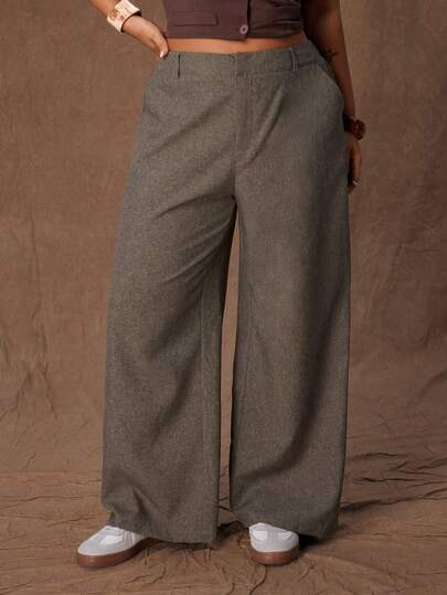Sweetra Plus Size Casual Solid Color Wide Leg Pants