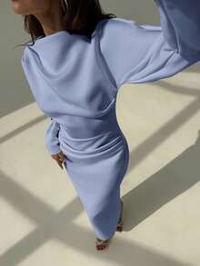 Aloruh Váy Maxi Tay Dài Ôm Sát, Dáng Rộng, Thanh Lịch, Trí Tuệ, Tối Giản, Phong Cách Công Sở, Đi Làm, Trang Trí Xếp Ly, Áo Rộng, Mới - Màu xanh nhạt - Xem 3