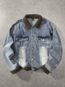 ROMWE MEN Men's Faux Shearling Collar Single-Breasted Casual Denim Jacket - Blue - View 3