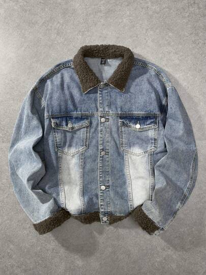 Men's Faux Shearling Collar Single-Breasted Casual Denim Jacket