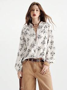 Aveloria Modichic 圆领刺绣提花流苏系带宽松休闲复古波西米亚风女式长袖衬衫 - 白色 - 查看 4