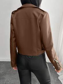 EURMUSE Petite Casual Zip Up Belted PU Leather Moto Jacket - Brown - View 2