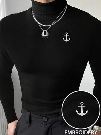 Manfinity Herren Slim Fit Rollkragen Langarm T-Shirt mit Anker Muster, vielseitig für den täglichen Gebrauch