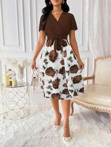 Lunelith SHEIN Lunessa Đầm Maxi Tay Ngắn Cổ Chữ V Họa Tiết Hoa Phủ Lên Thanh Lịch Cho Nữ - màu nâu - Xem 7