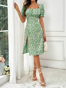 Breezaya Women's Random Printed Simple Daily Short-Sleeved Square Neck Dress Vacation Beach Outfit - Green - View 4