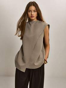 ATUI Studio Women's Sleeveless Asymmetrical Hem Top - Minimalist Blazer Vest, Avant-Garde Suit Vest For Commuter Office Wear - Apricot - View 4