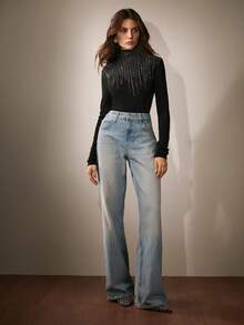 Anewsta Embellished Rhinestone Half High Neck Long Sleeve Knit T-Shirt, Elegant Blouse For Women, Autumn/Winter Outfit - Black - View 6