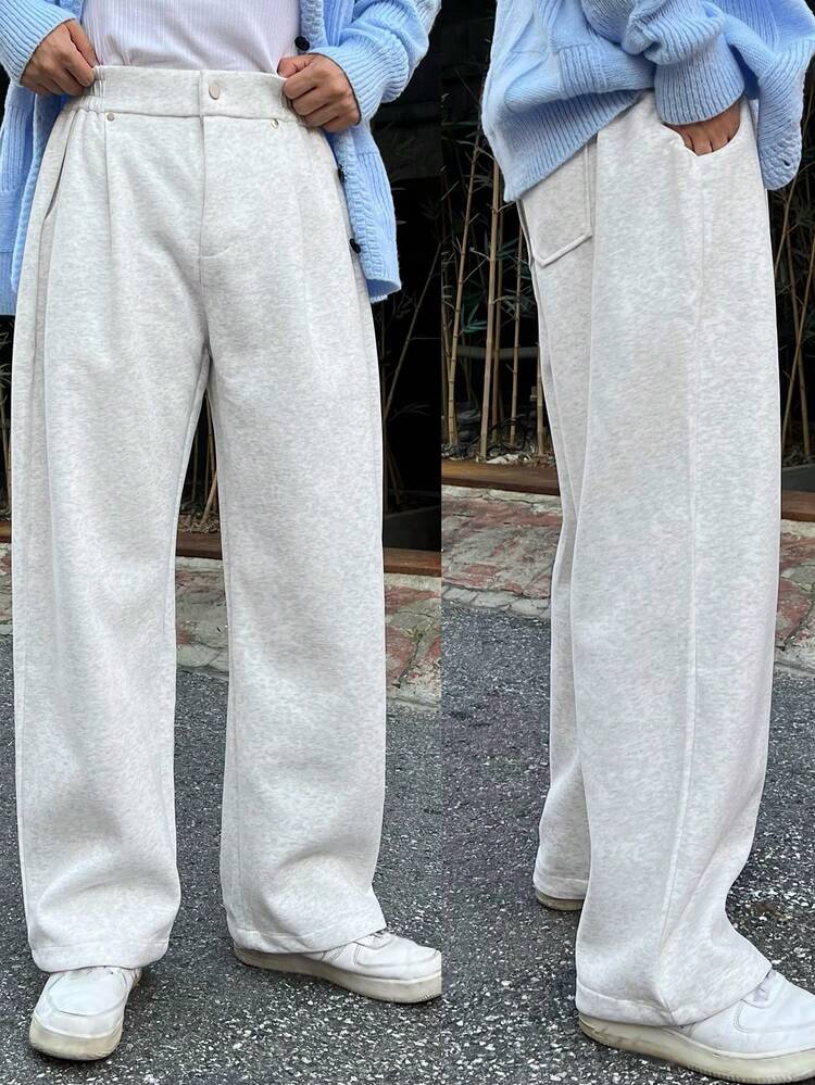 Men's Loose Fit Thermal-Lined Sweatpants With Side Pleats, Light Grey, Autumn/Winter