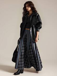 Easelle 女士格子拼接A字裙，休闲学院风 - 藍色 - 查看 4