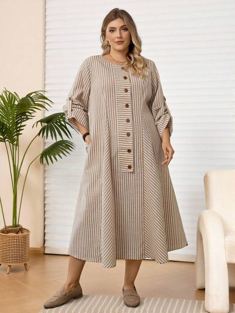 Plus Size Women Round Neck Striped Button Decor Pocket Casual Dress, Thanksgiving Outfit For Women, , New,Spring/Summer/Vacation