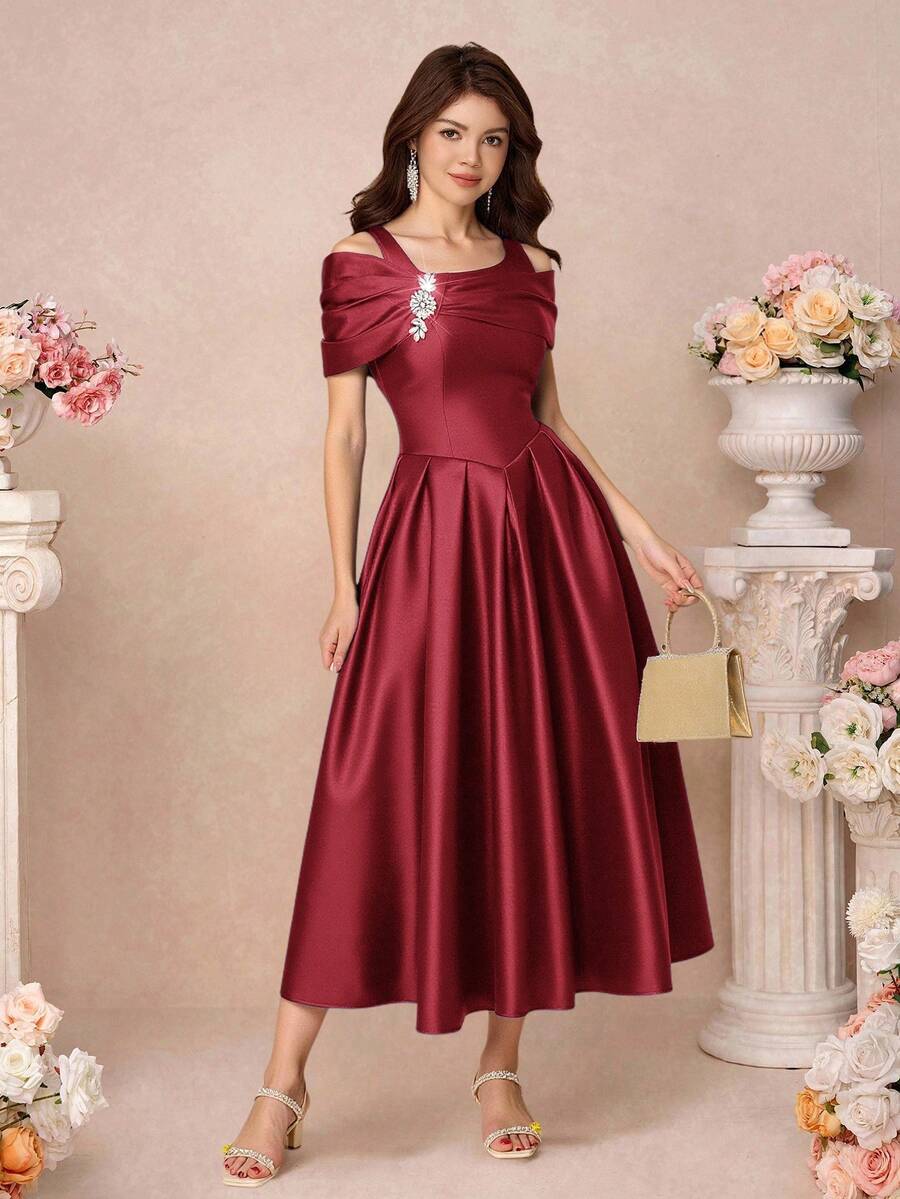 Pitira Váy dự tiệc satin đỏ nữ tính cho bé gái, nút đính đá kim loại tinh tế, váy chữ A xẻ tà xếp ly một bên vai, váy cưới trang trọng thanh lịch, váy phù dâu - Đỏ - Xem 1