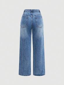 SHEIN Girlism 青少年女孩休闲宽松简约时尚日常牛仔裤 - 中等水洗藍 - 查看 2