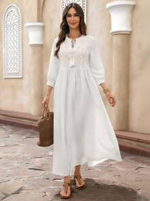 EMERY ROSE Đầm tay đèn lồng cổ buộc tua rua họa tiết hình học dành cho nữ, đi nghỉ - trắng - Xem 3