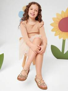 Mini mi #ButterflyBloom Girls' Rhinestone Butterfly Elastic Back Strap Gold Multi-Strap Sandals – Sparkly, Flexible & Comfortable. - Gold - View 1