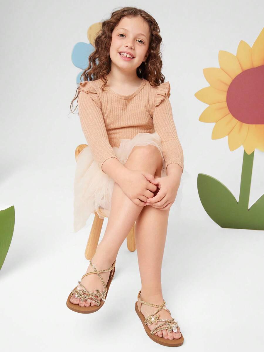 Mini mi #ButterflyBloom Girls' Rhinestone Butterfly Elastic Back Strap Gold Multi-Strap Sandals – Sparkly, Flexible & Comfortable. - Gold - View 1