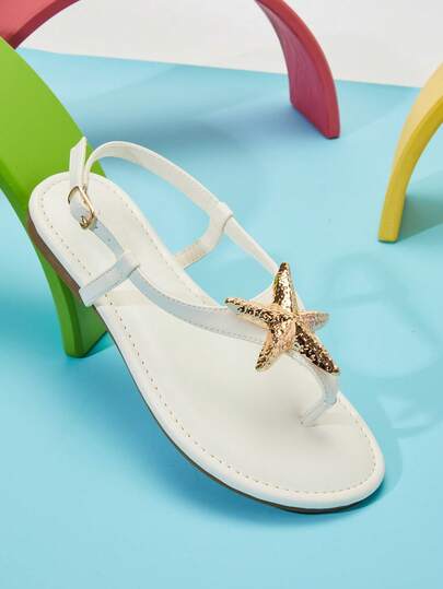 Mini mi Sandalias blancas veganas con tira en T y forma de estrella de mar metálica para niños #SeaShine - Elegantes, playeras y cómodas
