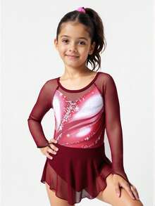 Young Girls Burgundy Long Sleeve Round Neck Figure Skating Dress High Elasticity Printed Snug Fit Comfortable Shaping Sportswear, Suitable For All Seasons