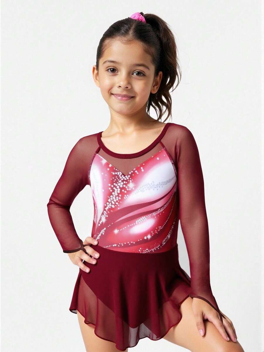 Young Girls Burgundy Long Sleeve Round Neck Figure Skating Dress High Elasticity Printed Snug Fit Comfortable Shaping Sportswear, Suitable For All Seasons