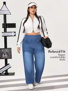 Flexra Plus Size Women Casual Everyday Commute Simple Versatile Elastic Waist Loose Wide Leg Jeans - Medium Wash - View 6